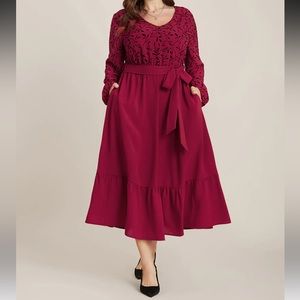 Plant Print Lantern Sleeve Pocket Belted Ruffles Hem Dress